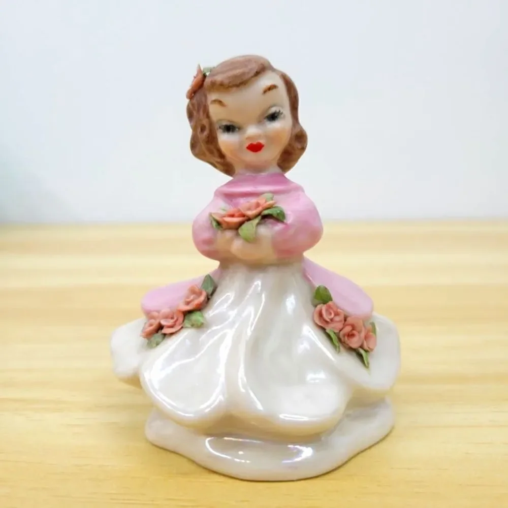 Vintage Pink & Lustery Girl with Applied Flowers Ceramic Figurine